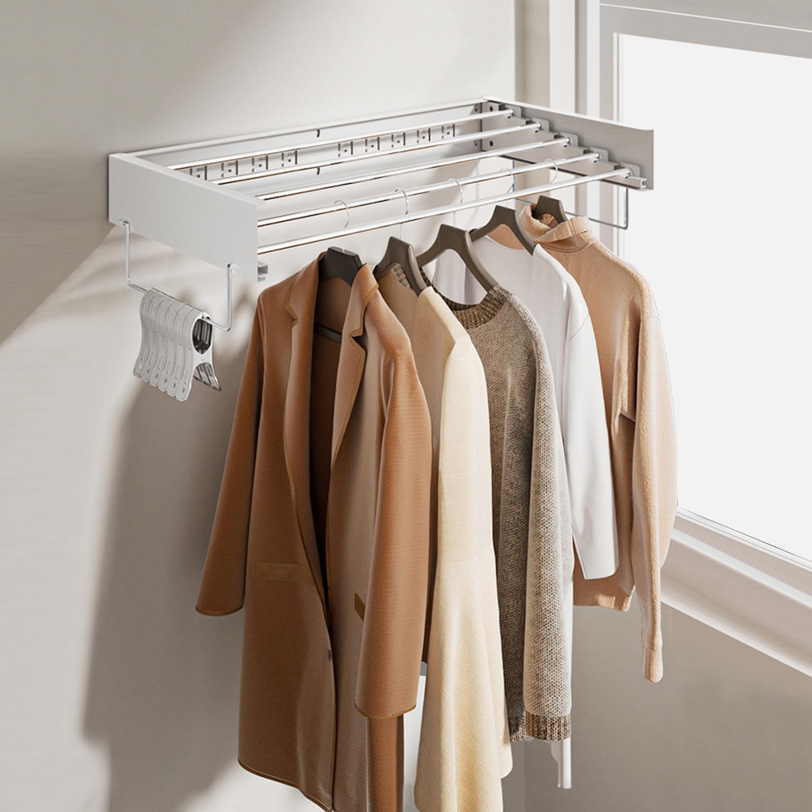 Wandmontage Wäschetrockner, Edelstahl Wand Wäscheständer, Platzsparend Klappbar Ausziehbar Kompakt Design Wandtrockner mit Handtuchstange für Drinnen und Draußen Badezimmer Balkon (Weiß 80cm)