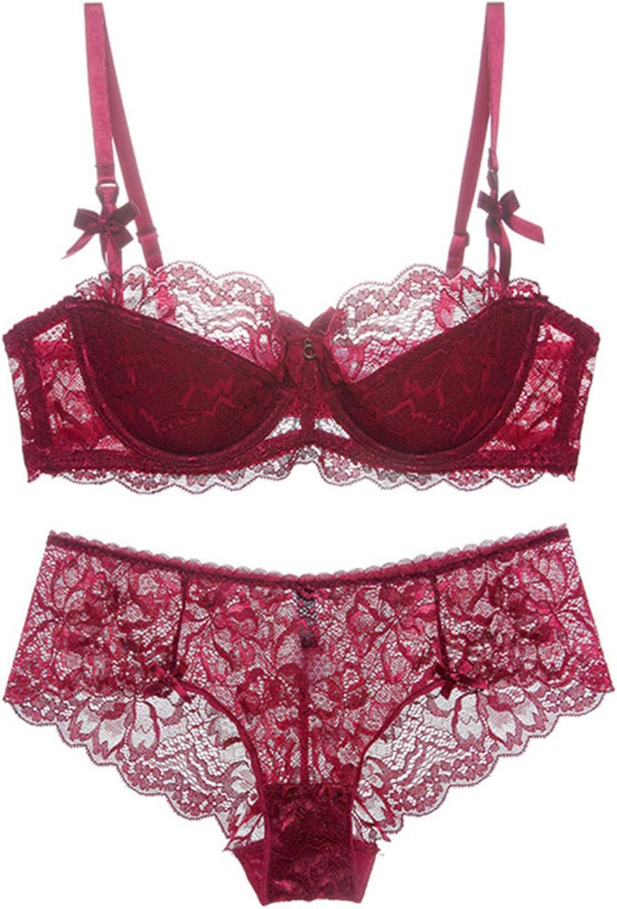 Push Up Bra and Panty Set for Women Sexy Embroidery Lace Soft Cup Bra and Cotton Brief Set Red 36D