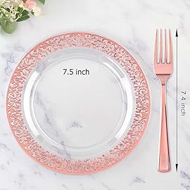 I00000 72 Pcs Rose Gold Dessert Plates 7.5 & 72 Pcs Disposable Forks 7.4, Lace Design Plastic Salad Plate, Plastic Appetizer Plate for all Holidays Perfect for Party & Wedding