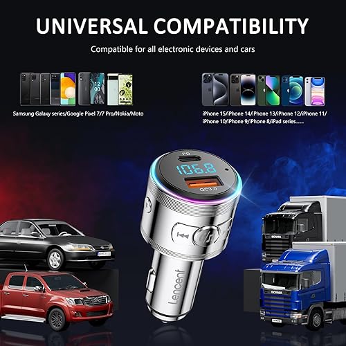 Miniatura 6 de LENCENT Adaptador Bluetooth para automóvil, transmisor FM Bluetooth 5.3 de metal completo con música de alta fidelidad, llamadas claras, cargador