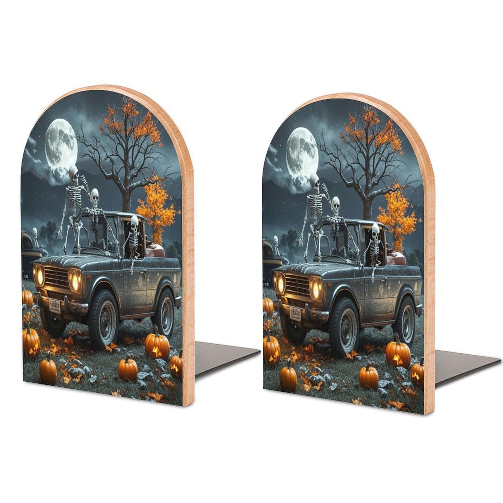 Moon and Car Bookend for Shelves Unique Book End Sturdy Books Holder Heavy Duty Wooden Bookends Support Non-Slip Book Organizers Decorative Modern Bookend Holder for Home