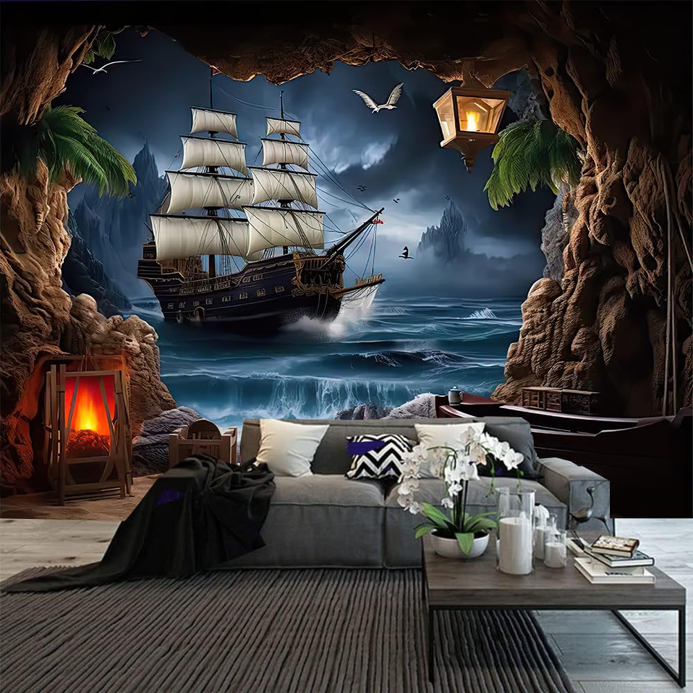 FENDROM Vintage Nautical Tapestry Decor Ghost Sailboat Wall Art Fantasy Ocean Scenery Nautical Pirate Ship Wave Sailing moon Wall Hanging Tapestries Decor Bedroom Living Room Dorm