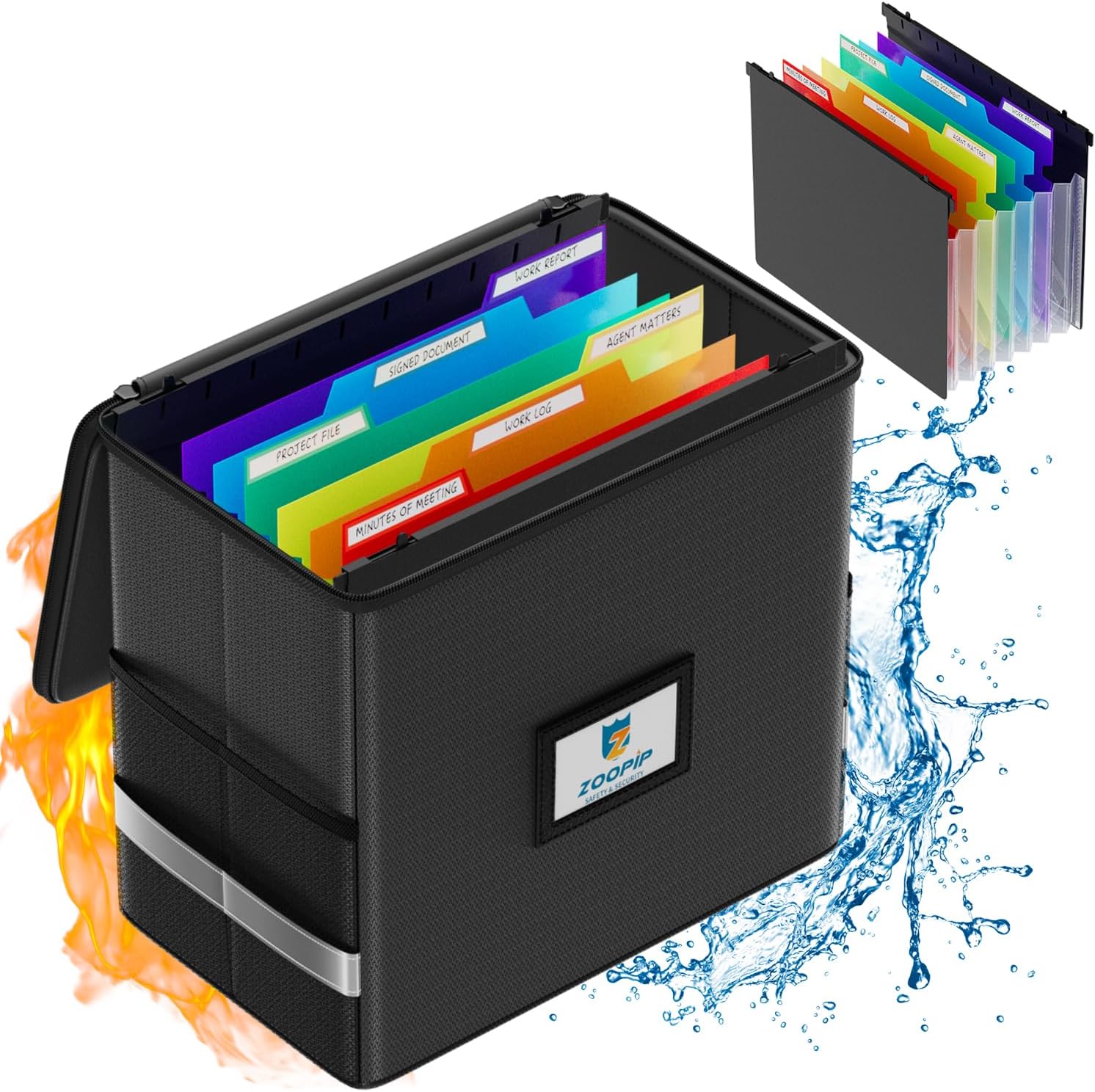 Fireproof File Box with Hanging File Folders, 7×1.2 Accordion Pockets, Hanging File Organizer for Letter Size, Retractable Hook, 1/3-Cut Tab (Folders+Box-12.6”*7.8”*9.8”)