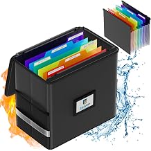 Fireproof File Box, 12.6*7.8*9.8 | Hanging File Folders Included, 7x1.2" Accordion Pockets, Letter Size Organizer, Retractable Hook, 1/3-Cut Tab