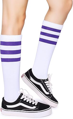 Miniatura 4 de Henwarry Calcetines de tubo sobre la pantorrilla, calcetines clásicos de triple rayas de algodón retro atléticos para hombres y mujeres