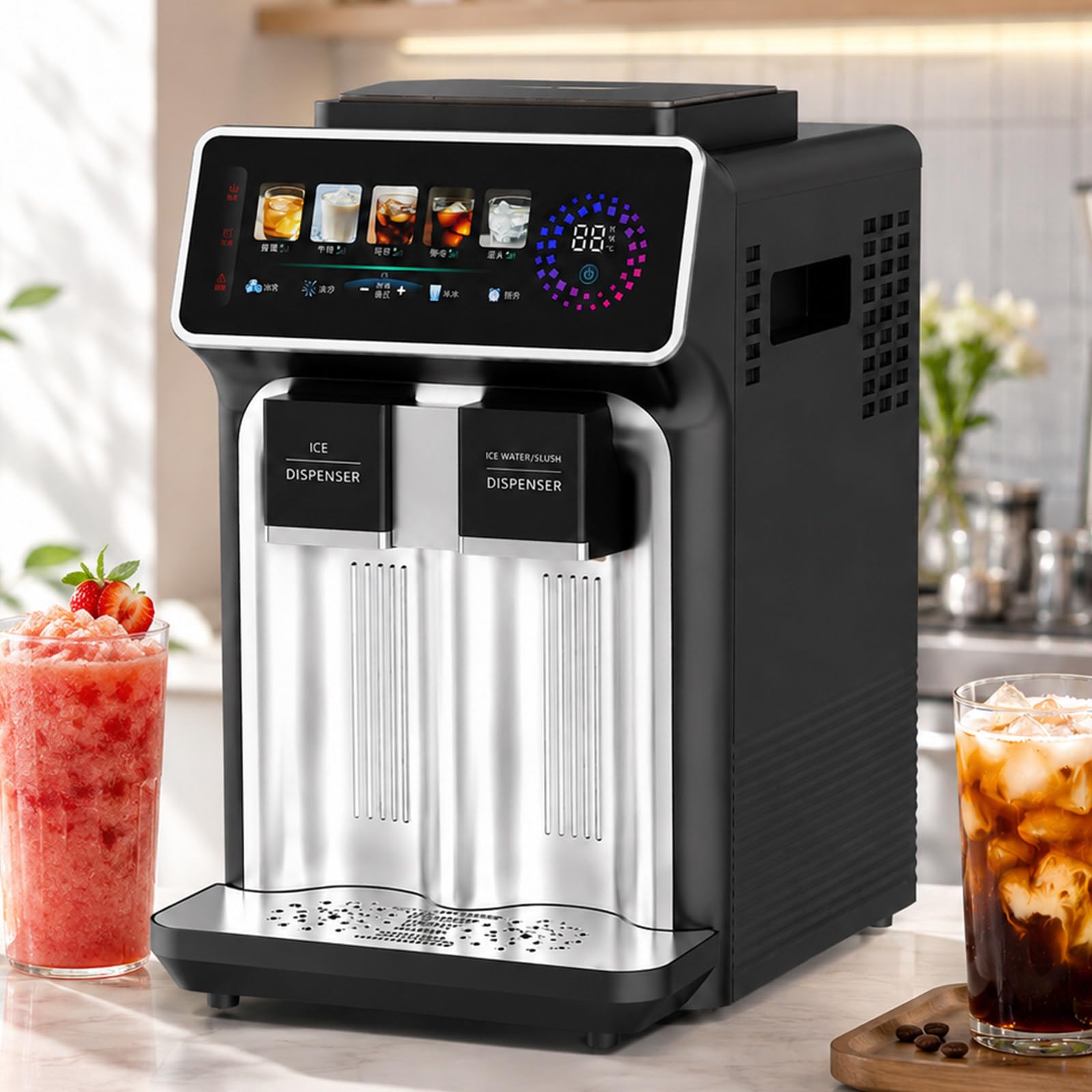 pealiritansemen Portable Ice Cube Maker Machine, Countertop Ice Maker with Touch Control, Cold Water Dispenser, Auto Water Refill and 15kg Daily Ice Output for Home and Small Café