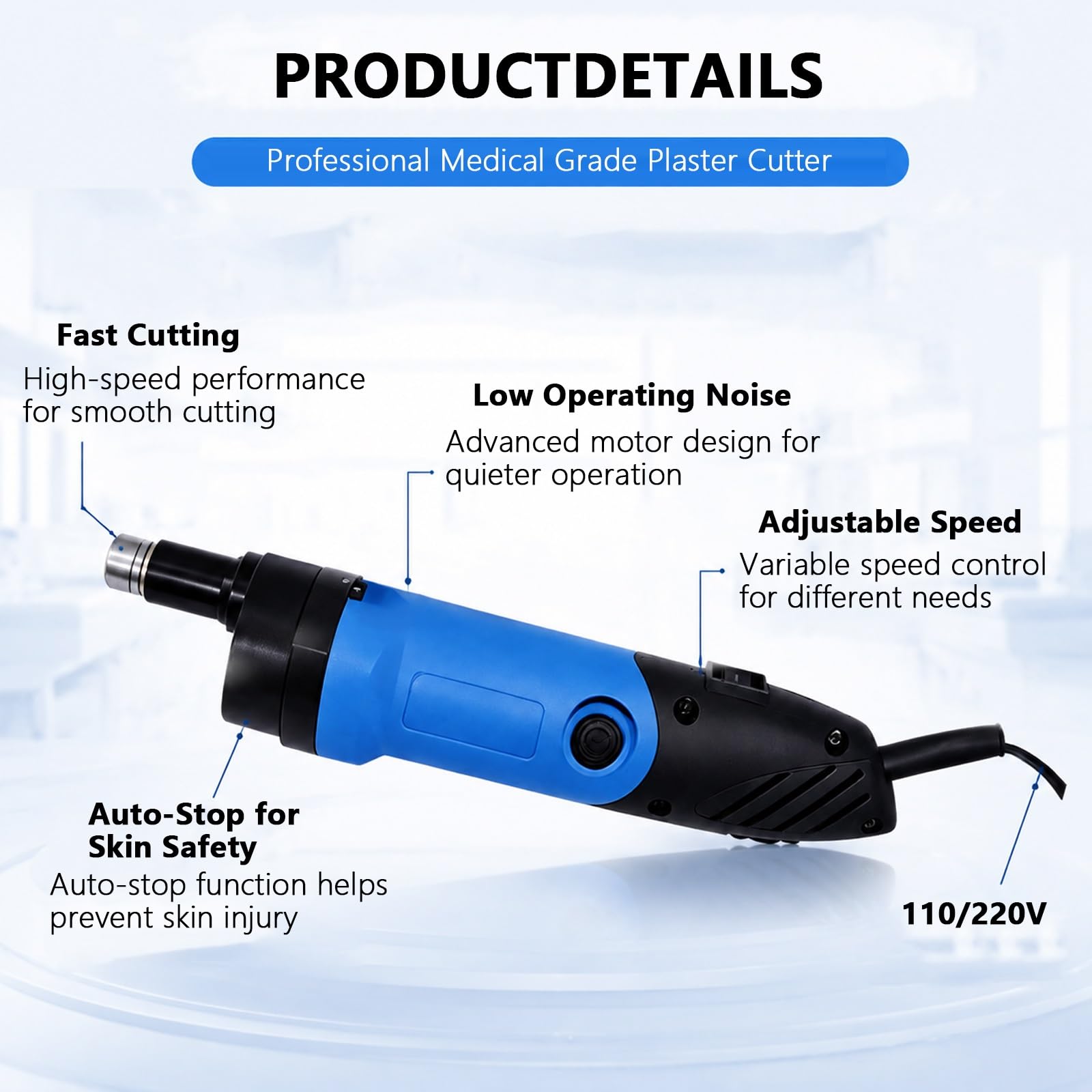 Cortadora eléctrica de yeso Sierra con ajuste de velocidad de 0-15000 RPM Función de parada de seguridad Baja vibración con estuche protector Accesorios completos(Blue)