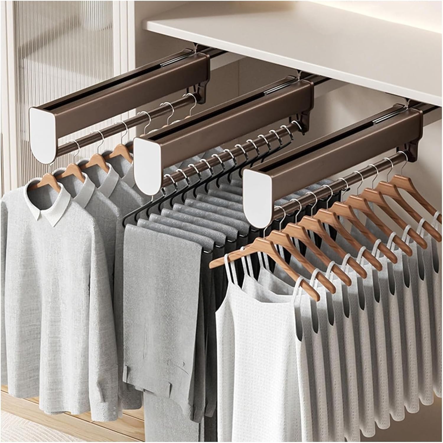 引き出し式ハンガーレール、引き出し式ハンガーロッドトップマウントズボンラック、アルミ合金伸縮ズボンハンガーロッド、クローゼット収納用