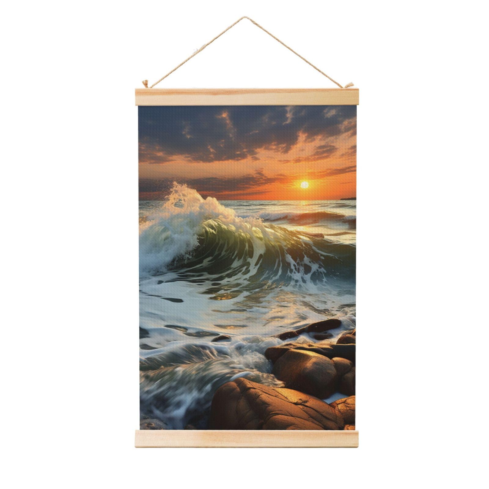 Rocky Wave Sunset Painting Poster Wooden Shaft Hanging Poster Wall Hanging Banner Canvas Artwork with Wood Frames 12"x18" Modern Artwork Decor Ready to Hang Wall Art for Home Decor Scroll Painting
