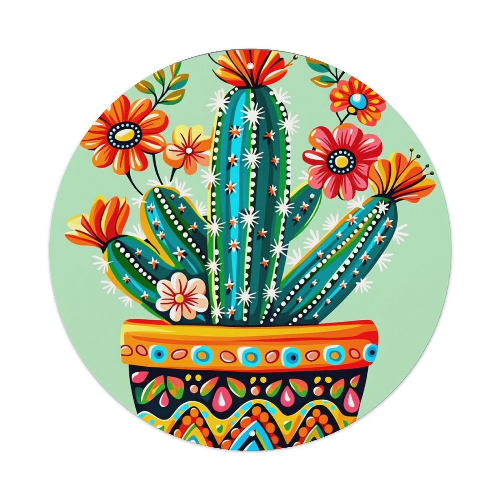 Colorful Cactus Floral Pattern Pot Round Tin Sign Vintage Metal Poster, Home Bar Garage Man Cave Cafe Indoor & Outdoor Wall Decoration 8x8Inches