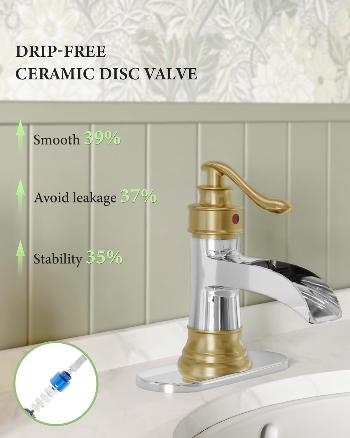 Homevacious Bathroom Faucet Waterfall Sink Faucets Bathroom Widespread Single Handle Chrome and Gold for 1 or 3 Holes Rustic Vanity Farmhouse with Pop-up Drain Deck Plate Hose