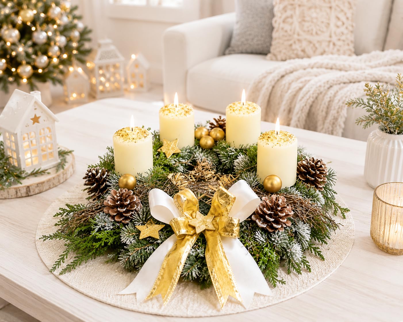 Adventskranz frisch Creme Gold 35 cm Weihnachten Advent Gesteck Tanne C