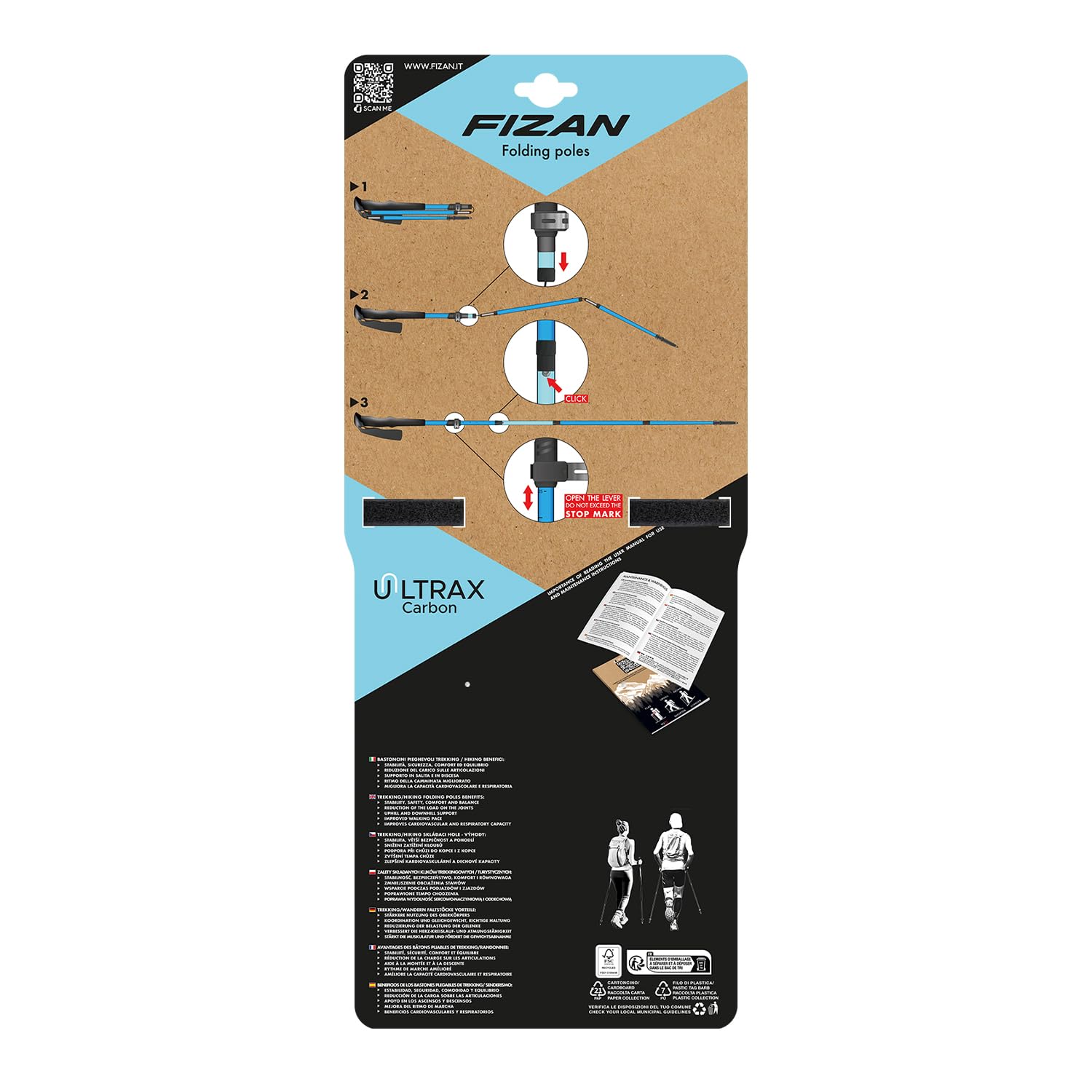 Fizan Ultrax - Bastones de Senderismo ultraligeros, mochileros, Ciclismo, senderos de Senderismo, Plegables a 14.5 Pulgadas, Aluminio o Fibra de Carbono