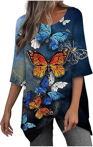 Camisetas casuales de manga 34 para mujer, manga 34, manga 34, cuello redondo, mangas tres cuartos