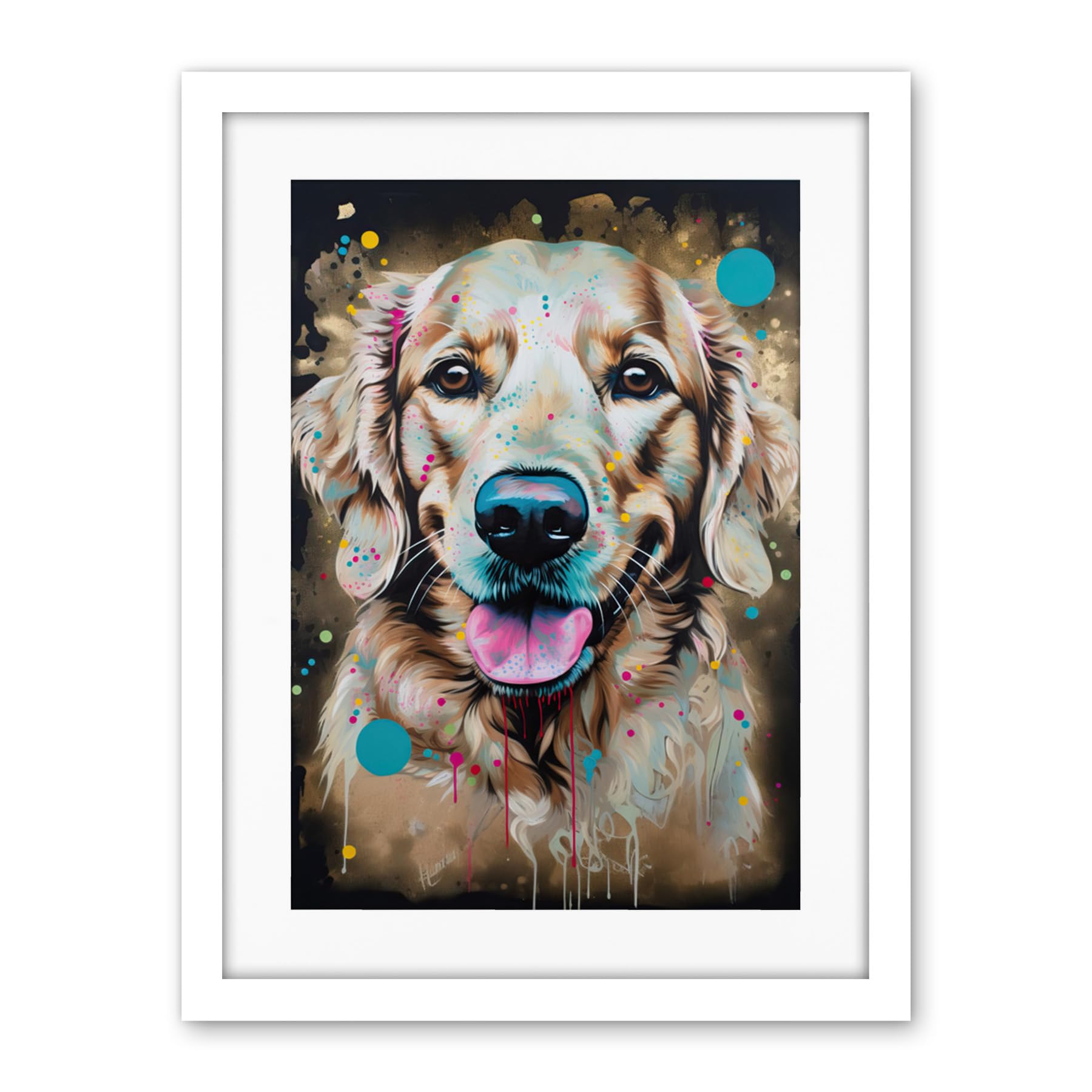 Artery8 Happy Smiling Golden Retriever Dog Portrait Artwork Framed Wall Art Print 18X24 Inch