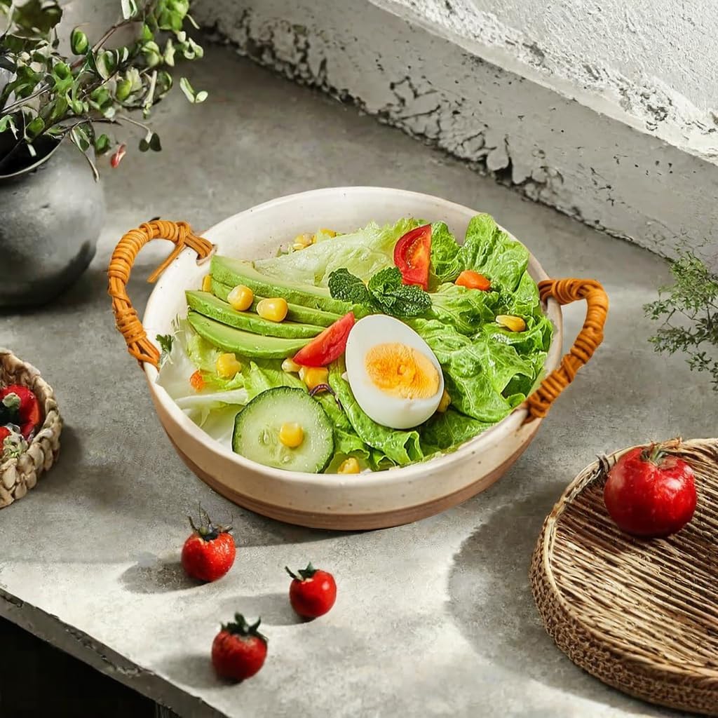 Ceramic Fruit Bowl or Salad Bowl with Double Eared Vine Weaving Handles, Ceramic Salad Bowl with Anti Slip Bottom,Large Fruit Bowl for Kitchen Counter(7.5Inches)