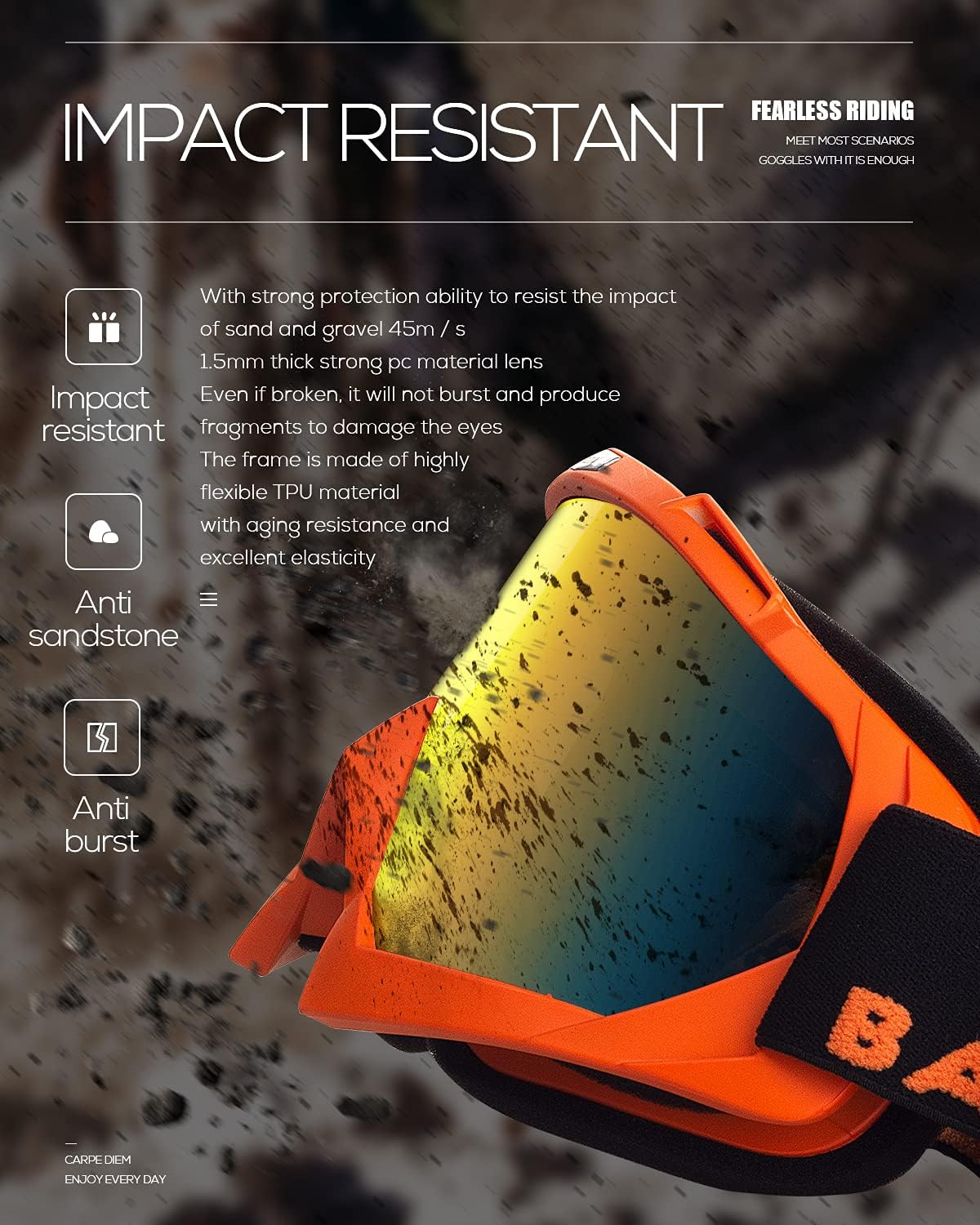 BATFOX Dirt Bike ATV Goggles Motorcycle Gear Riding Motocross Dirtbike 4-Wheeler MX DH Accessories Goggles Glasses for Men Women Youth UV400 Protection Dust-proof Anti-Slip Strap