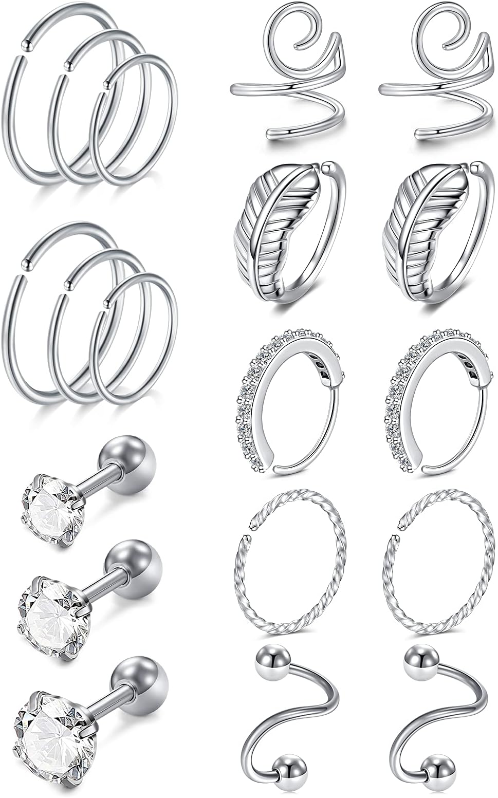20g 16g Cartilage Earrings for Women Silver Gold Helix Piercing Jewelry Surgical Steel Hypoallergenic Flat Back Earrings Cartilage Hoop for Women Forward Helix Earring Tragus Jewelry Screw Back
