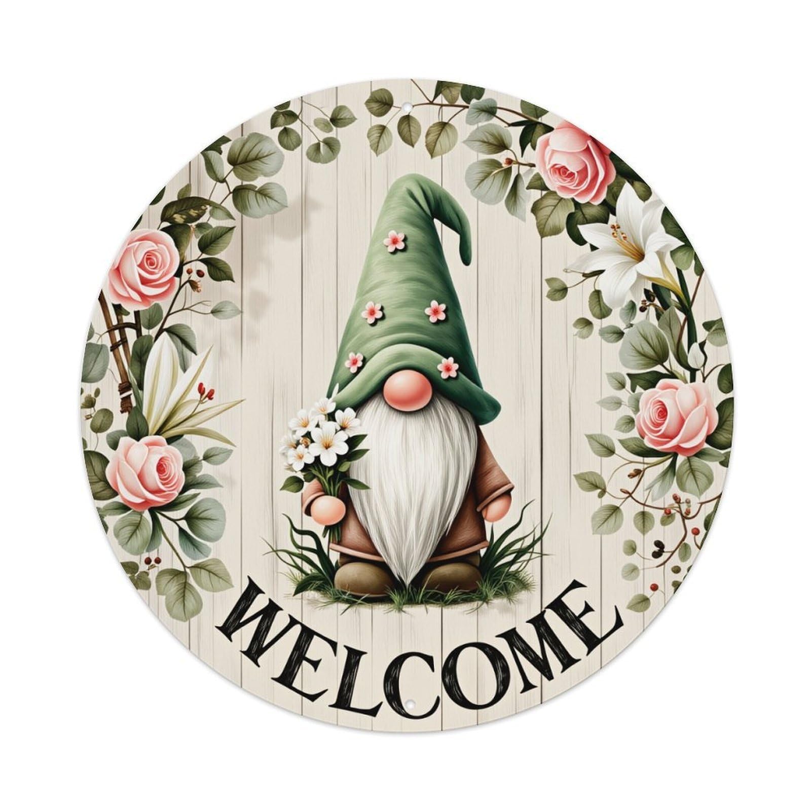 Gnome Floral Welcome Sign Art Metal Tin Sign Vintage Garden Bedroom Cafe Bar Man Cave Home Wall Decor Metal Poster 8x8 inches