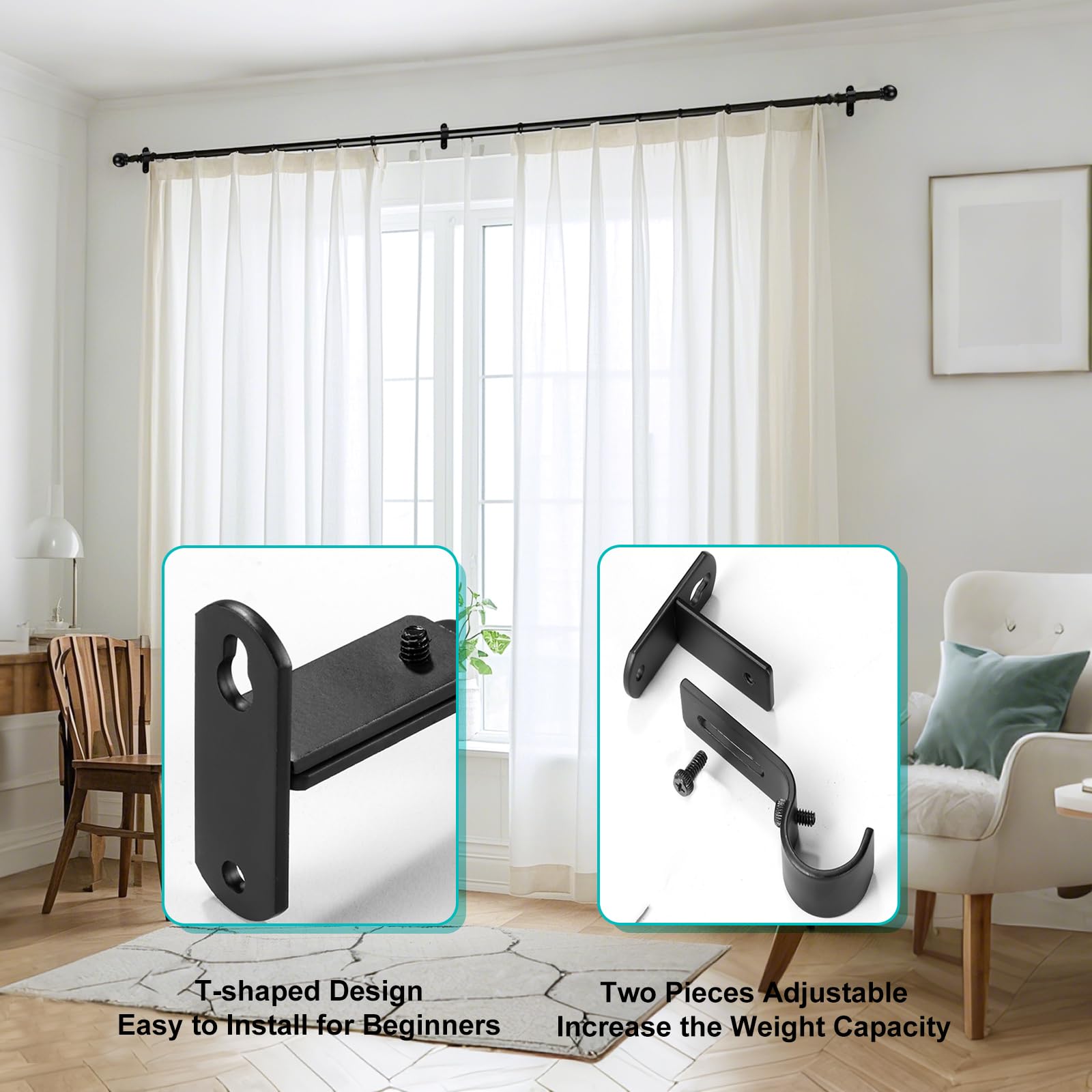 AMZSEVEN Adjustable Curtain Rod Brackets, Metal Window Drapery Rod Hanger Holder — product photo