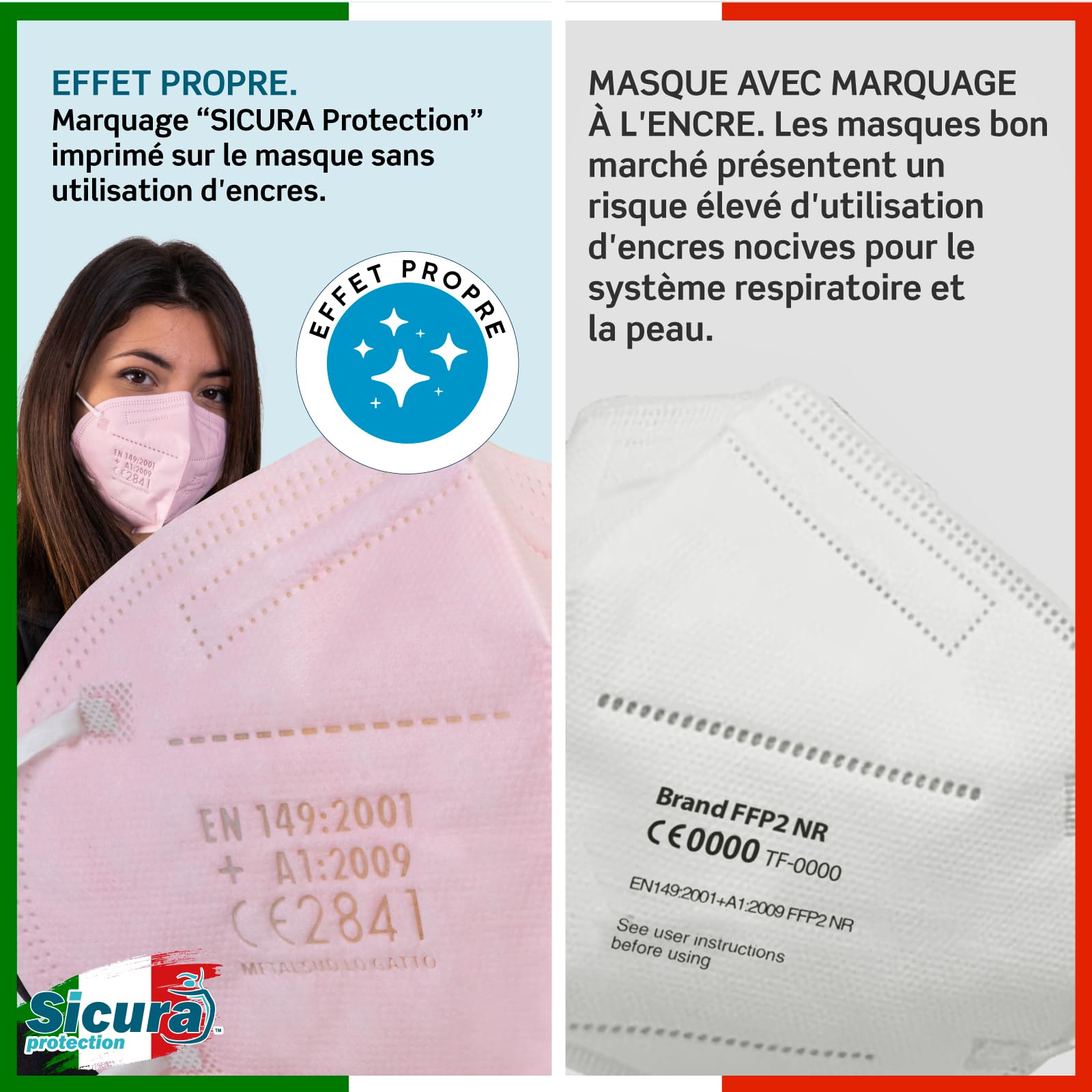 50 masques FFP2 Rose certifié CE Fabriqué en Italie Sicura BFE ≥99% SANITIZÉ et scellé individuellement EN 149:2001+A1:2009