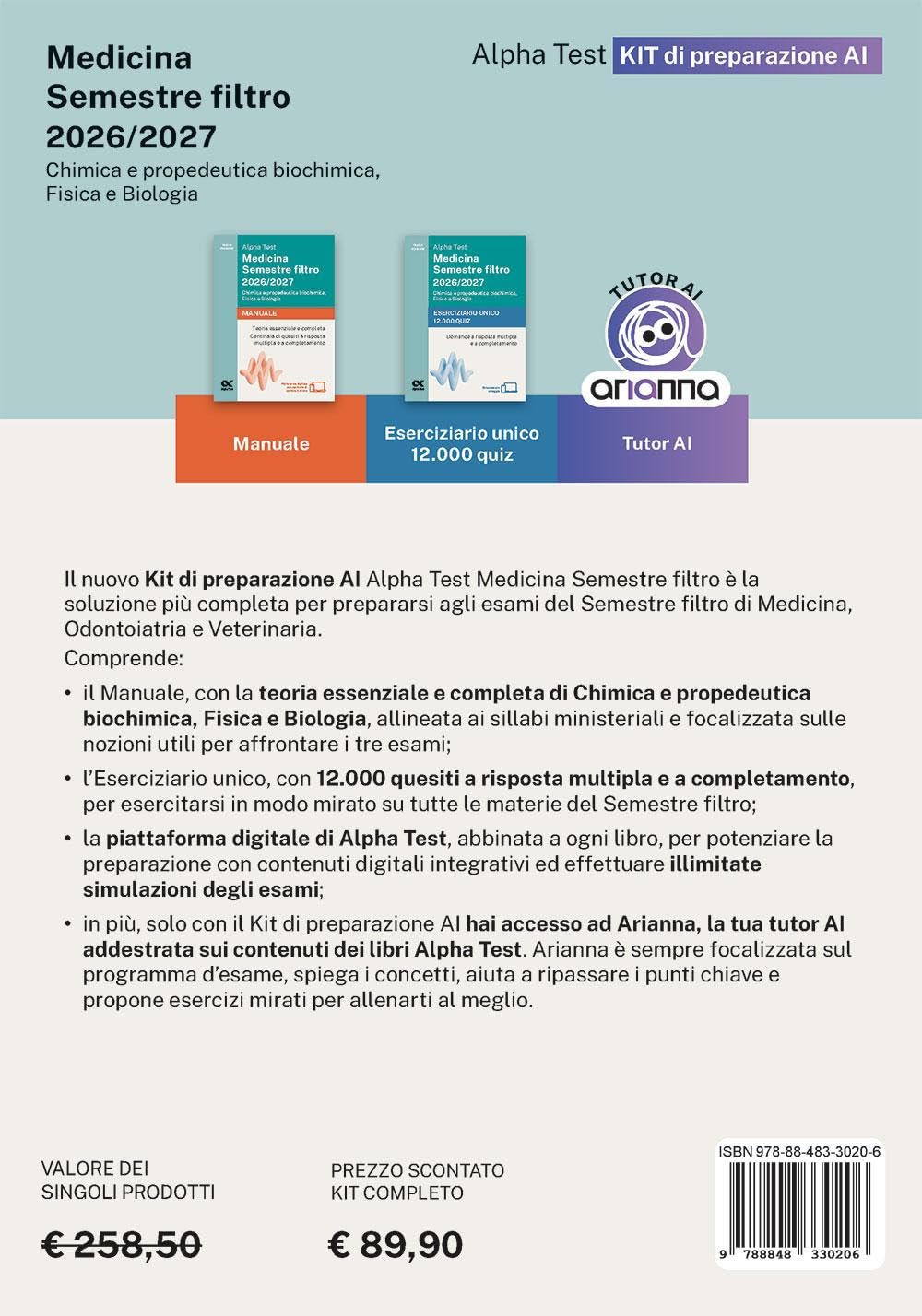 Alpha Test Medicina. Semestre filtro 2026-2027. Chimica e propedeutica biochimica, fisica e biologia. Kit di preparazione. Con tutor AI e simulatore online