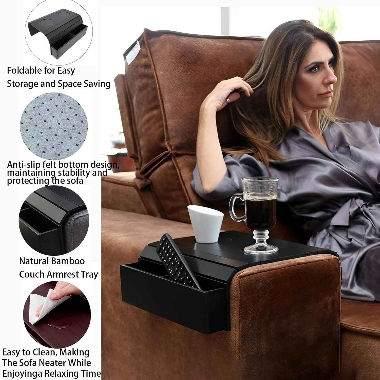 Organizador De Reposabrazos Sofá,Bandeja para Brazo de Sofá,con 2 Portavasos,Plegable con Bolsillo Lateral,para Hogar,para Revistas Snacks o Bebidas y Remoto,Teléfono