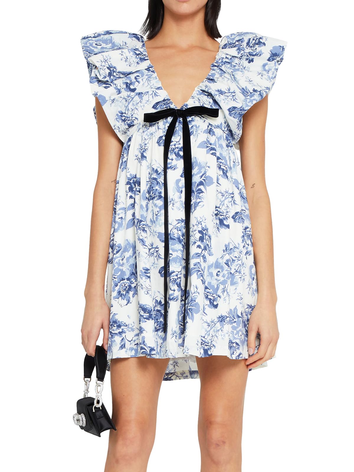 hibshaby Women's Floral Print Mini Dress V Neck Puff Sleeve Dress Short Babydoll Bow Dress