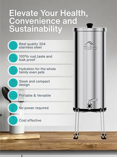 Miniatura 2 de Filteroo Superoo - Sistema de filtro de agua por gravedad para encimera, 3.17 galones12L, acero inoxidable 304, 2 filtros de carbono, purificador de