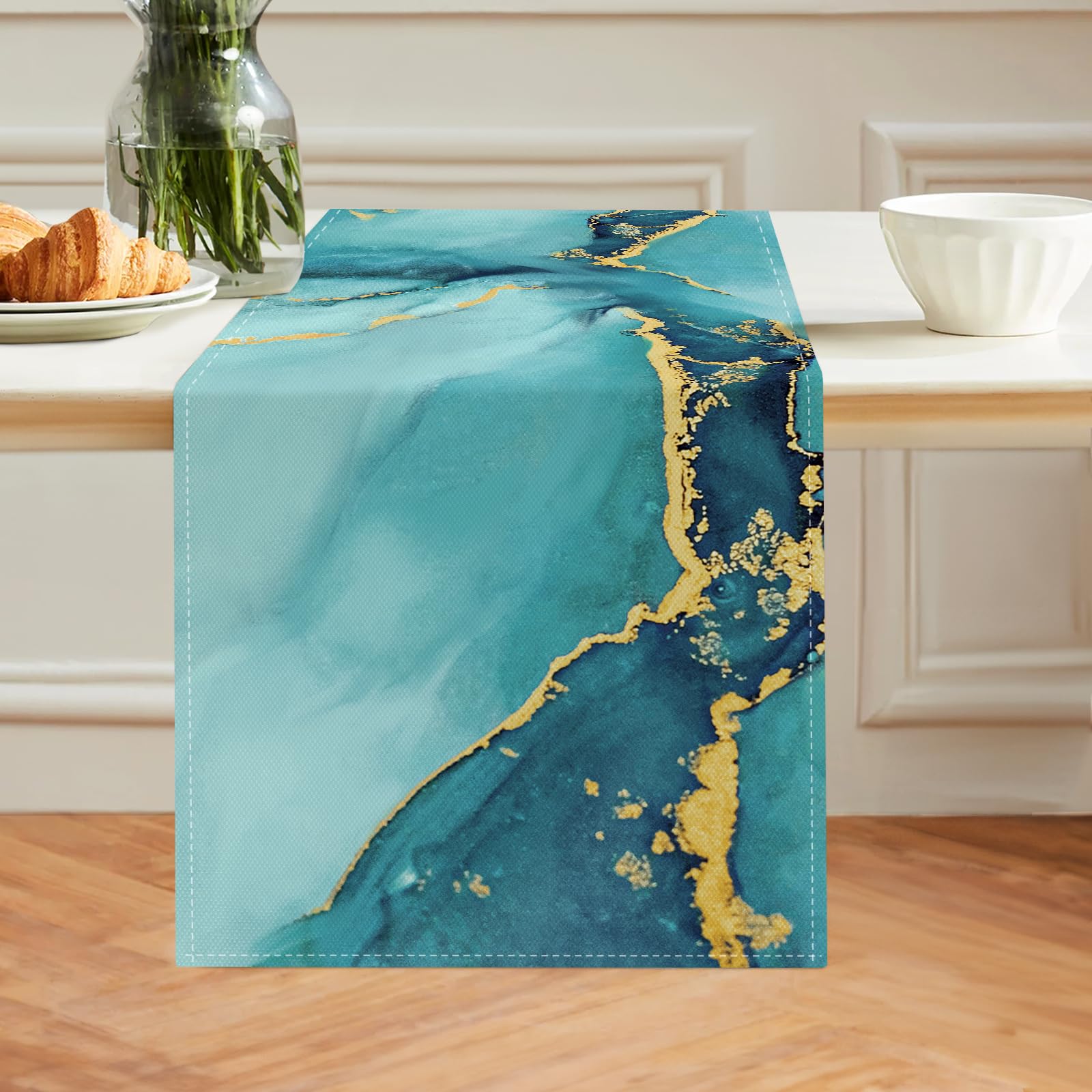 Bonhause Teal Marble Table Runner 13x72 Inch Watercolor Marble Modern Abstract Art Kitchen Dinning Table Decoration for Indoor Outdoor Home Party