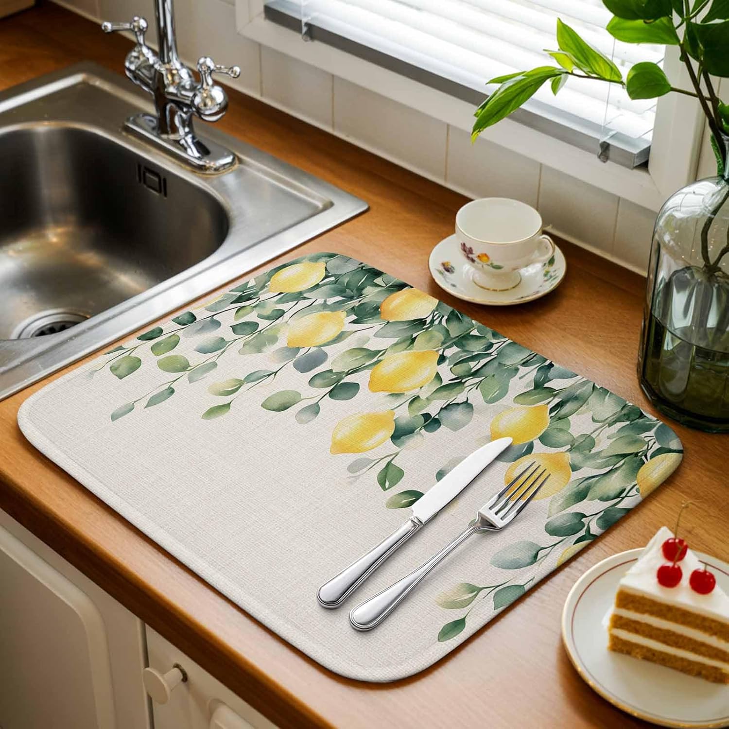 Farm Lemon Eucalyptus Leaves Dish Drying Mats for Kitchen Counter,Absorbent Microfiber Dish Drainer Rack Mat Country Fruit on Retro Linen Drying Pad for Sinks,Utensils,Countertops,18x24in