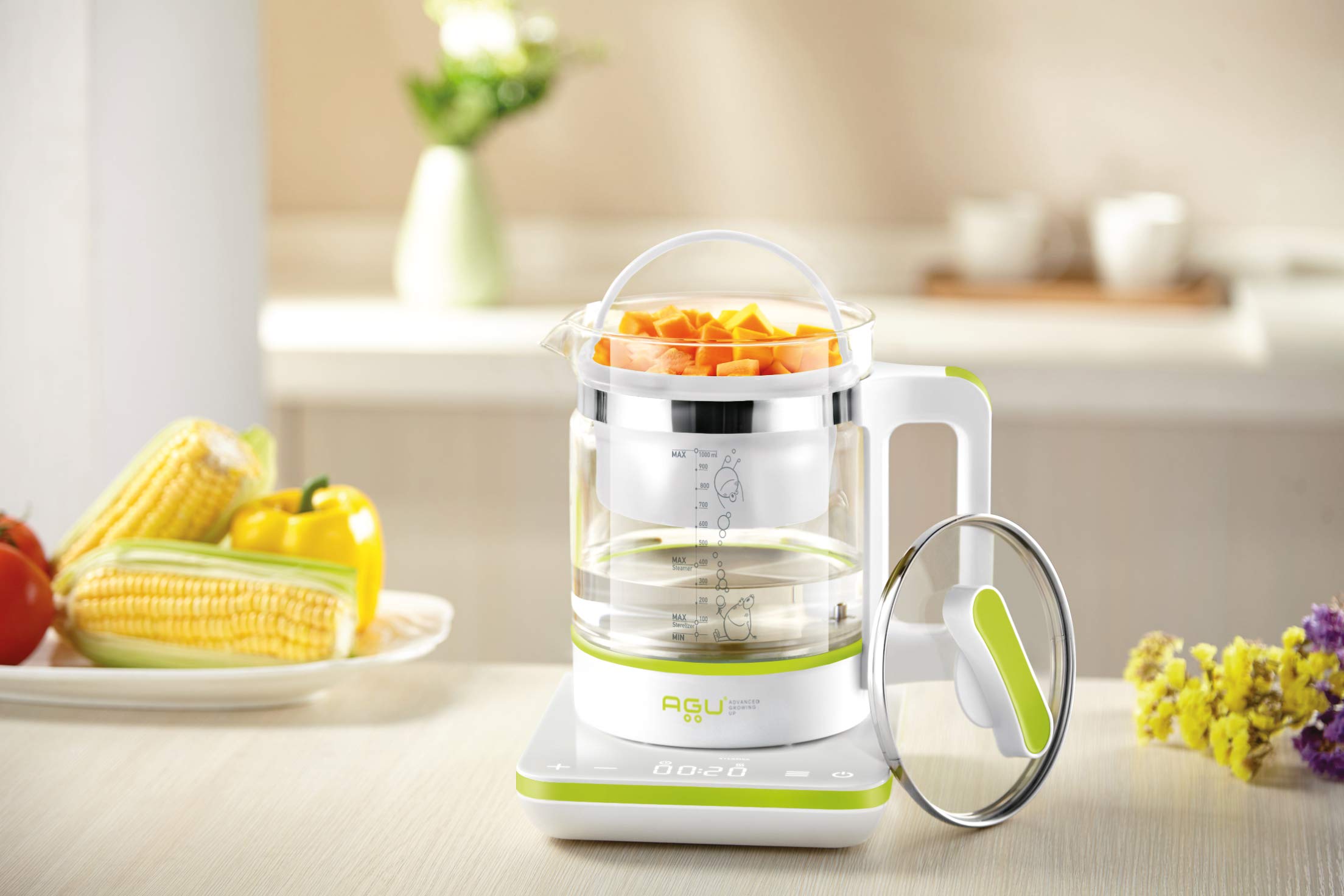 AGU Bubbly Digitaler 6-in-1-Flaschenwärmer - Wasserkocher, Flaschenwärmer, Warmhalter, Dampfgarer, Babynahrungszubereiter & Sterilisator in einem - Mit Temperatureinstellung - Schadstoff- & BPA-frei