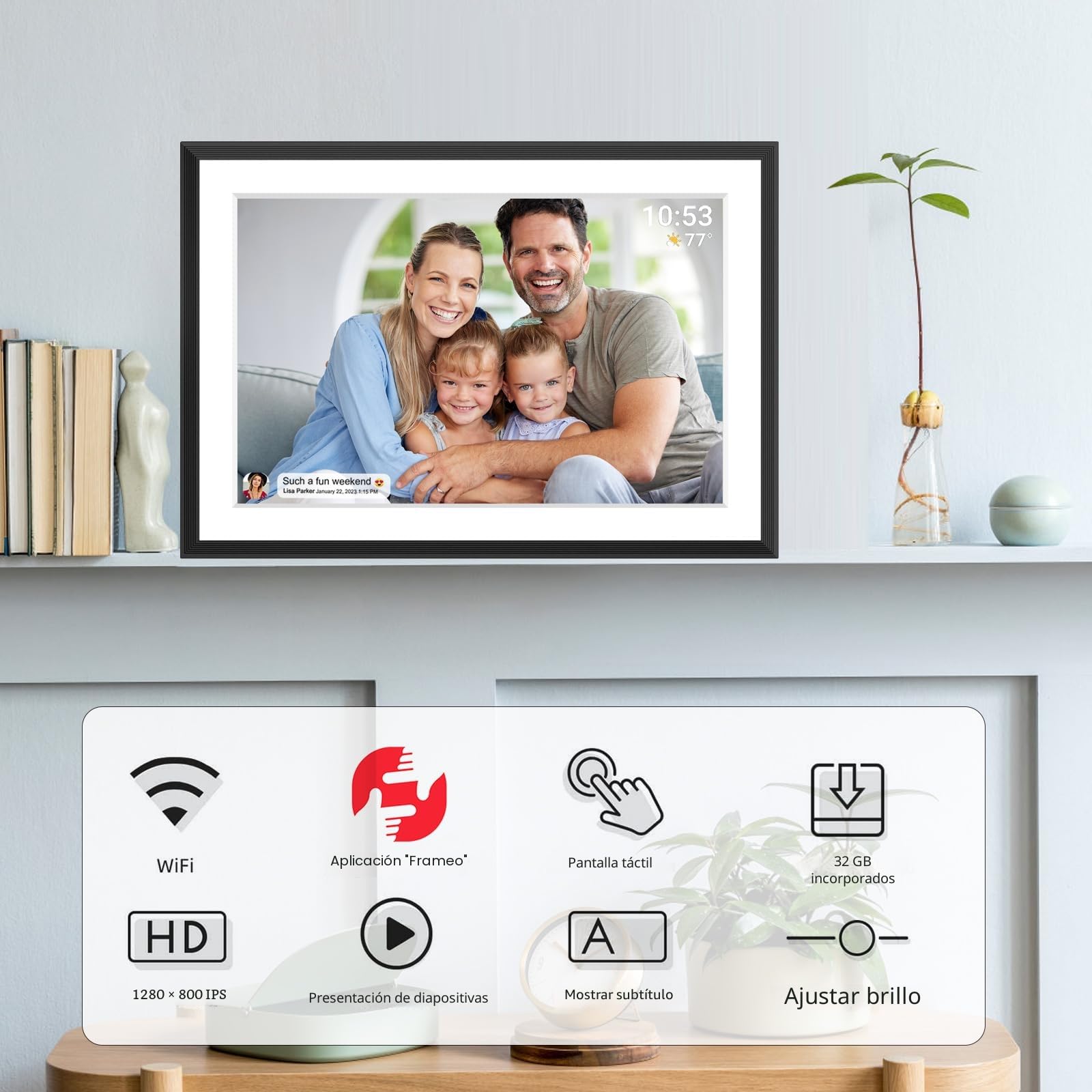 Marco de Fotos Digital WiFi de 10,1 Pulgadas, 1280 x 800 IPS LCD, Pantalla táctil LCD, Memoria integrada de 32 GB de Memoria automática, comparte Momentos al Instante a través de la aplicación Frameo