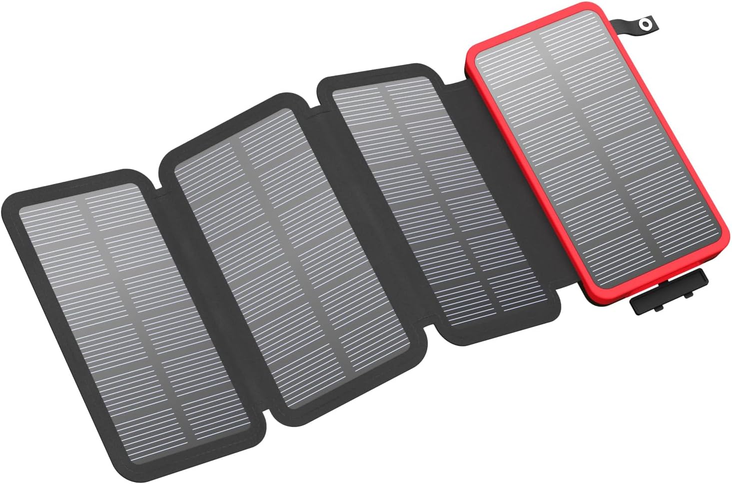 FEELLE 25000mAh Solar Power Bank with four solar panels unfolded, showing the red-framed main unit and three black-framed auxiliary panels.