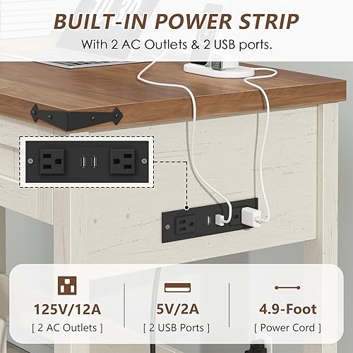 Miniatura 5 de Escritorio de computadora de estilo granja con 2 cajones, escritorio pequeño de oficina de 39 pulgadas con enchufes de energía, escritorio compacto