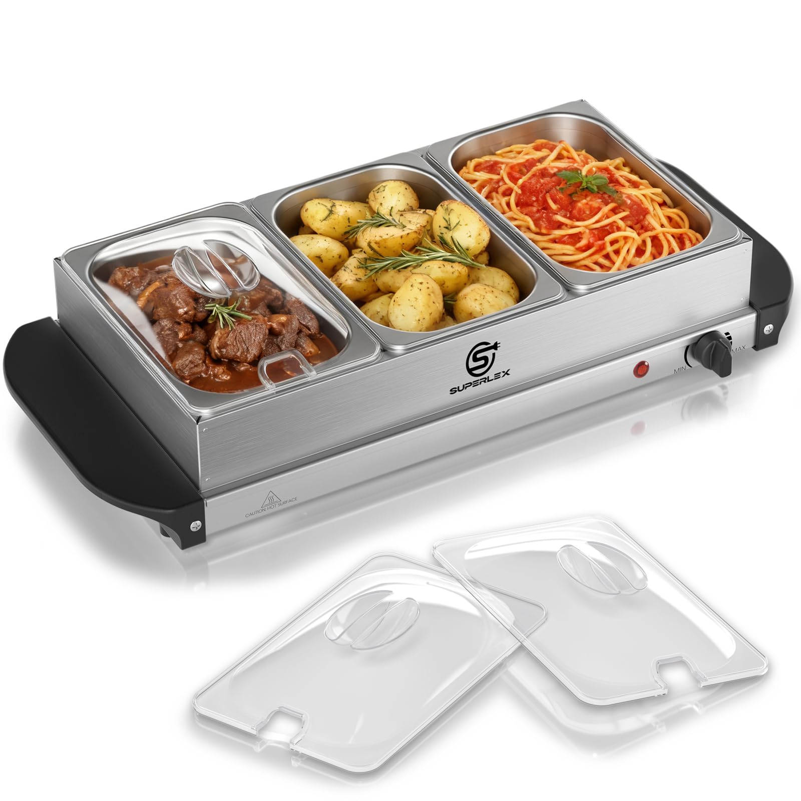 Placa calentadora 2 en 1 y calentador de buffet de acero inoxidable, 200 W, con 3 recipientes de 1,5 l, calor uniforme, calentador de alimentos para bufés, fiestas, cenas familiares, catering