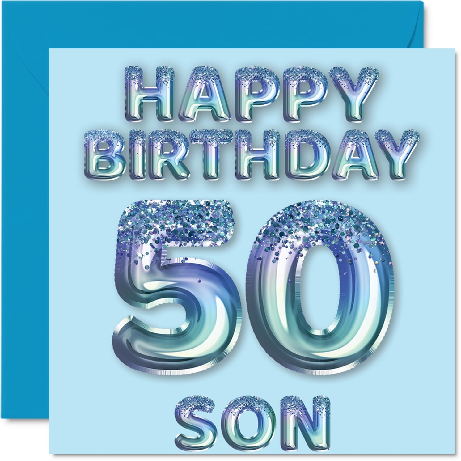 50th Birthday Card for Son, Blue Glitter Party Balloons