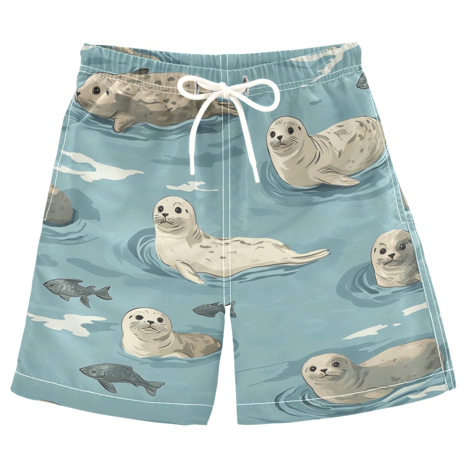 Jucciaco Boys Beach Board Shorts Blue Sea Dog Seal Swim Trunk Teen Swimwear