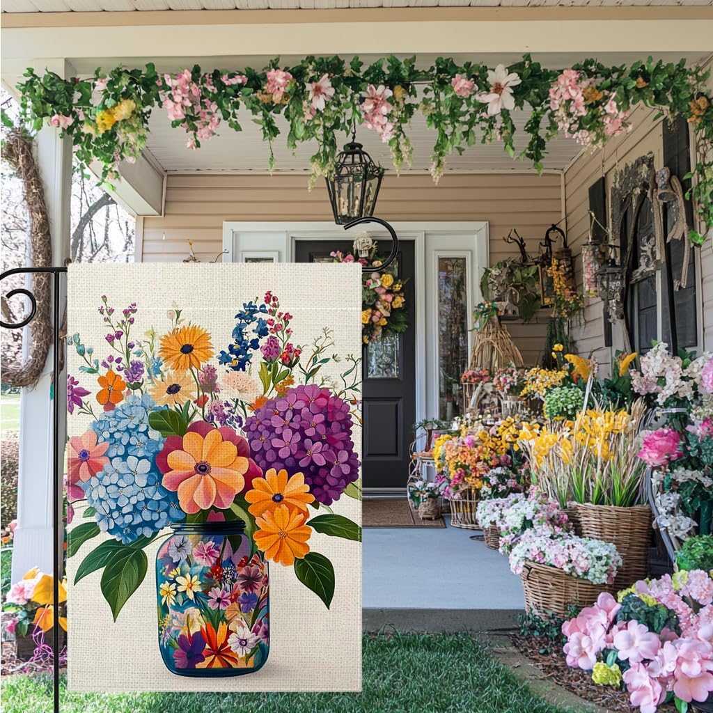 Spring Summer Colorful Floral Mason Jar Garden Flag 12x18 Inch Double Sided Hydrangea Flower Yard Outdoor Flag House Holiday Outside Decoration - Image 5