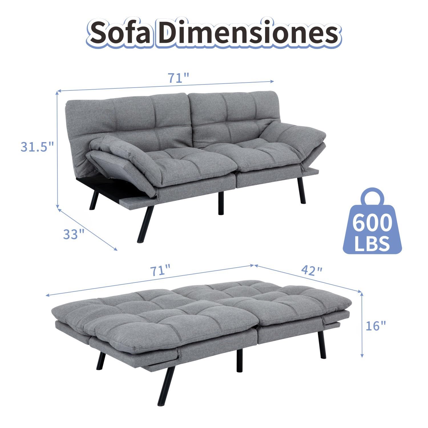 MUUEGM Futon Sofa Bed Memory Foam Futons Modern Office Couch Sleeper Bed Convertible Love seat Sofa for Small Spaces,Apartment,Office with Adjustable Armrest Backrest