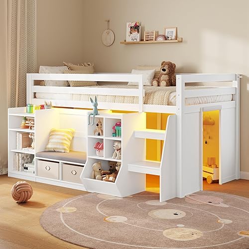 Low Loft Bed Twin Size with LED Lights, Wooden Kids Twin Loft Bed with Storage Bookcase, Toy Box, Reading Nook and Secret Play Space, Safety Guardrails and Ladder, Modern Low loft Bed for Boys Girls