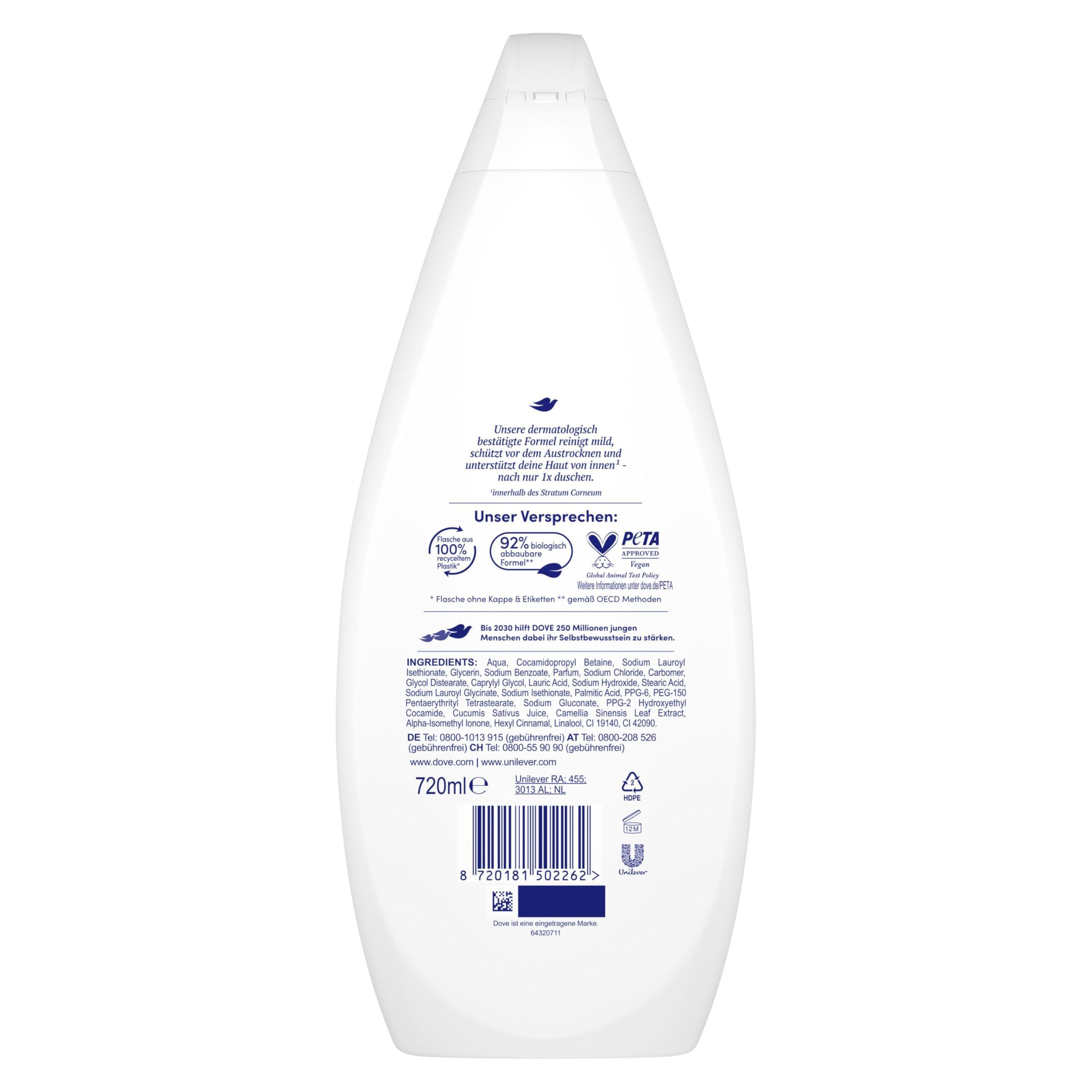 Dove Gel de ducha Fresh Care con fórmula dermatológicamente probada para una piel más suave y flexible, 720 ml, 12 unidades