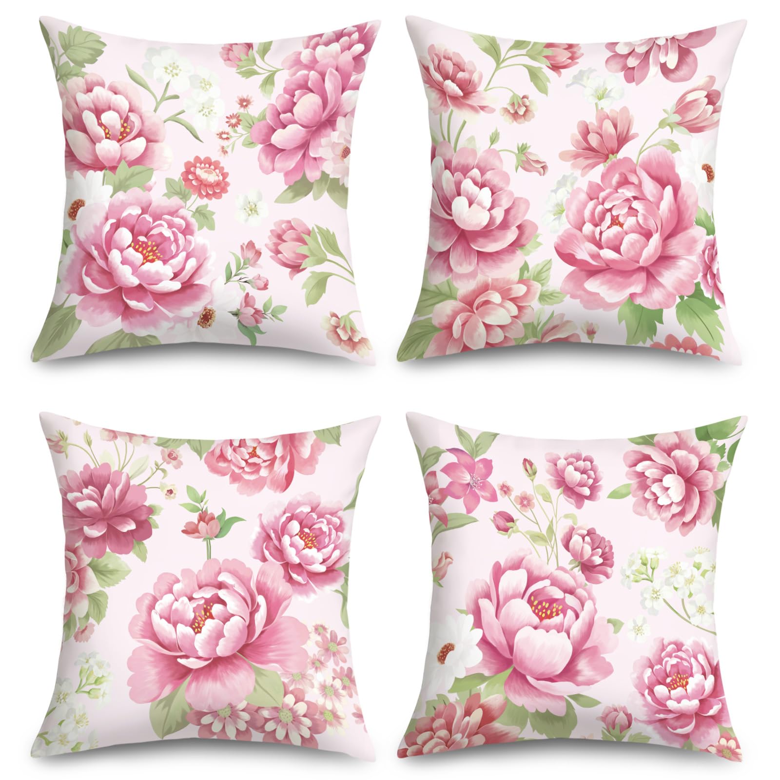 Joymaison Spring Pink Peony Flower Cushion Covers 45 x 45 Pack of 4 Summer Elegant Watercolor Floral Square Throw Pillow Case Decorative Sofa Cushion with Invisible Zipper