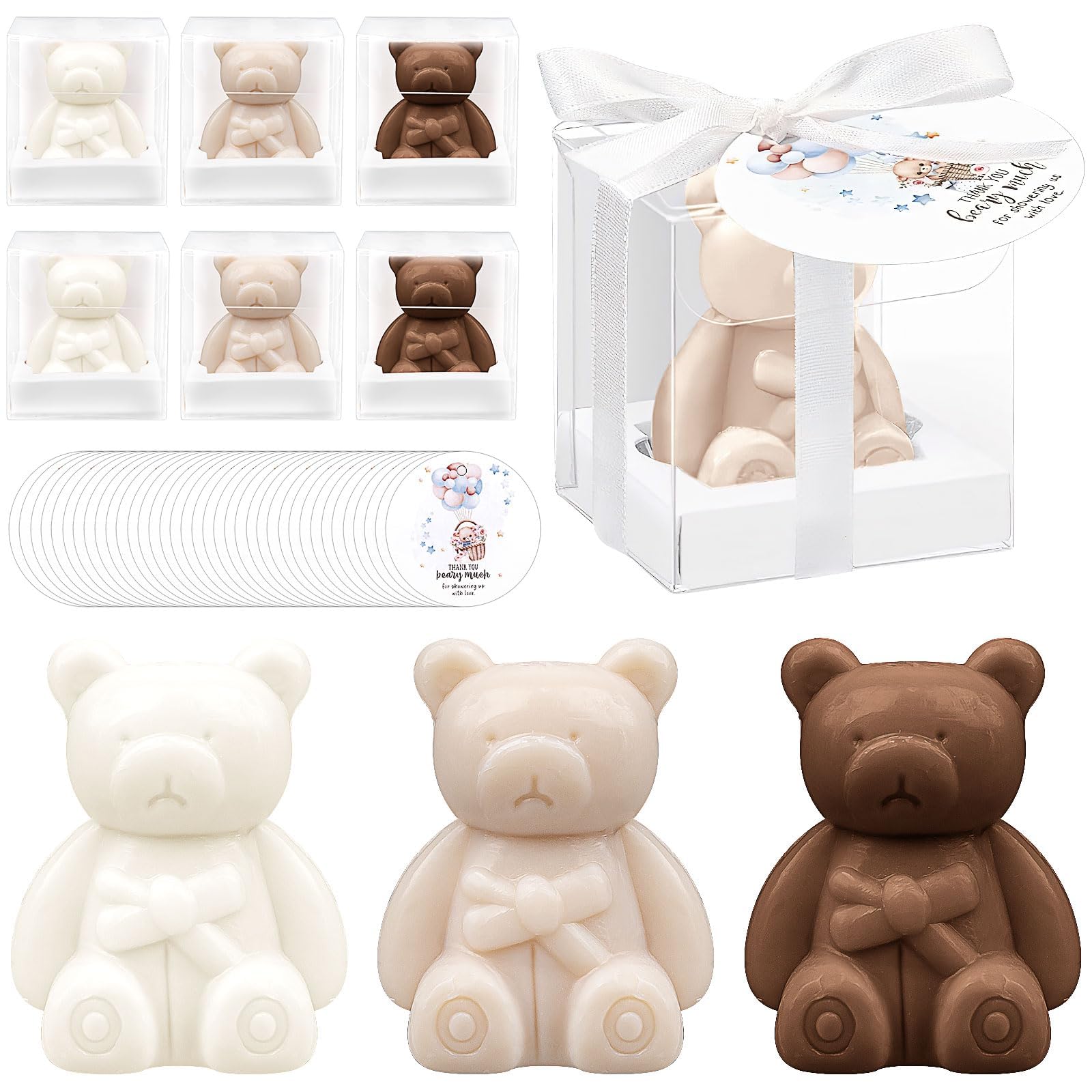 Lot de 36 Savons Ourson Cadeaux pour Baby Shower avec Étiquettes et Boîtes Cadeau, Savons Parfumés Miniature Invités, Cadeau Naissance Baptême Fille Garçon Déco Fête Mariage