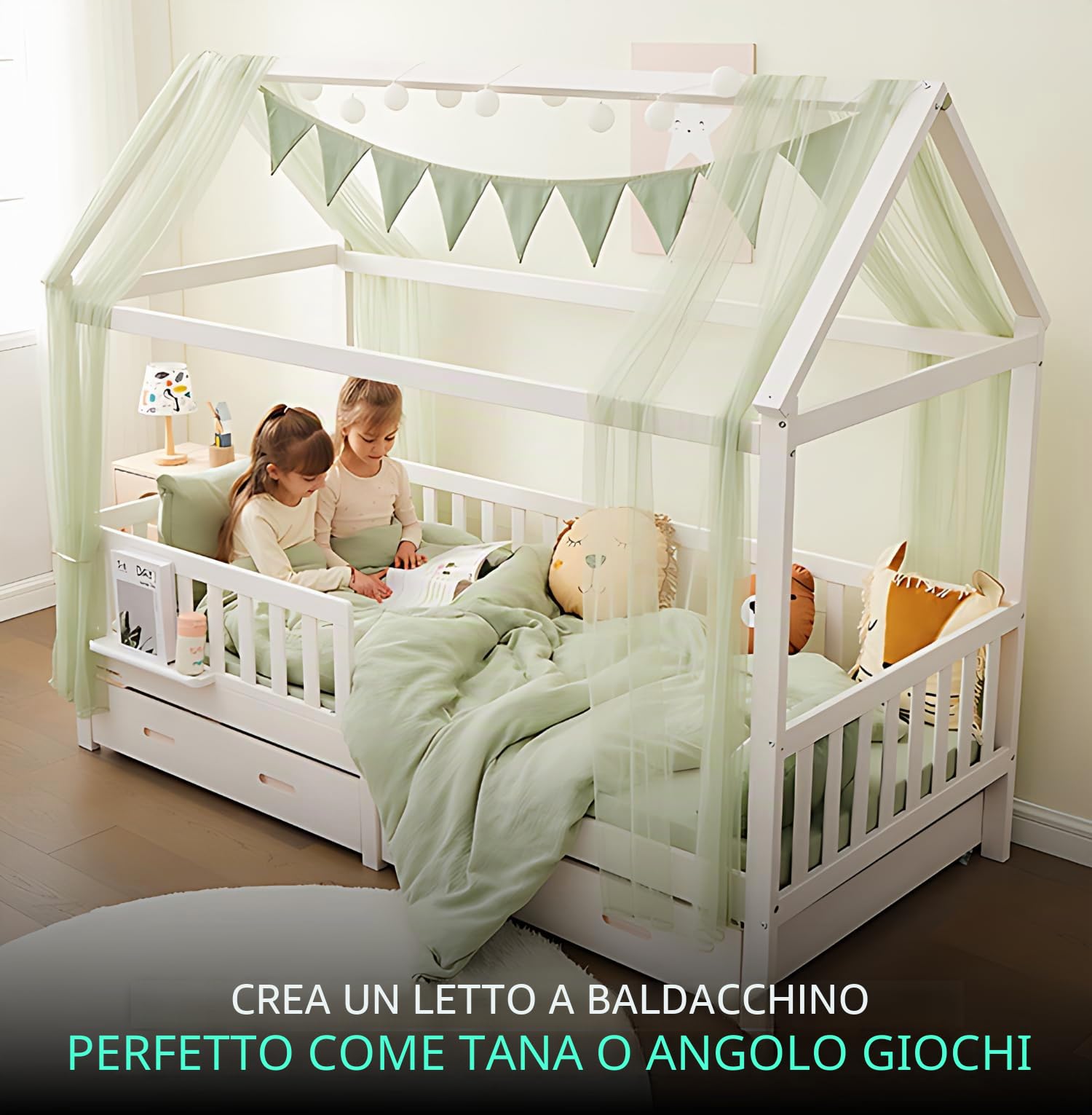 ALAVYA HOME® Set di 4 decorazioni per letto di casa, con 2 baldacchini, 1 bandierine, lunghezza 300 cm, per lettino, cameretta dei bambini, bandierine, 100% cotone biologico, 150 x 350 cm, con catena