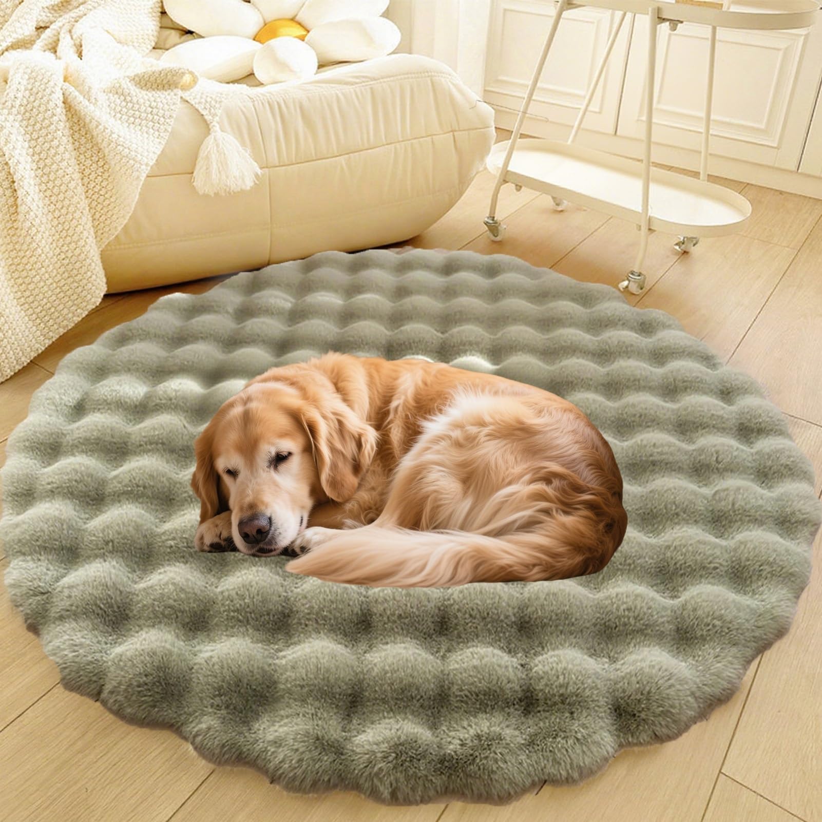 Divano per Cani E Gatti Con Fondo Antiscivolo, Tappeto Rotondo Lavabile, Moderno Letto A Pelo Lungo Da Posizionare Accanto Al Pavimento, Tappetino per Soggiorno(Green,47in)