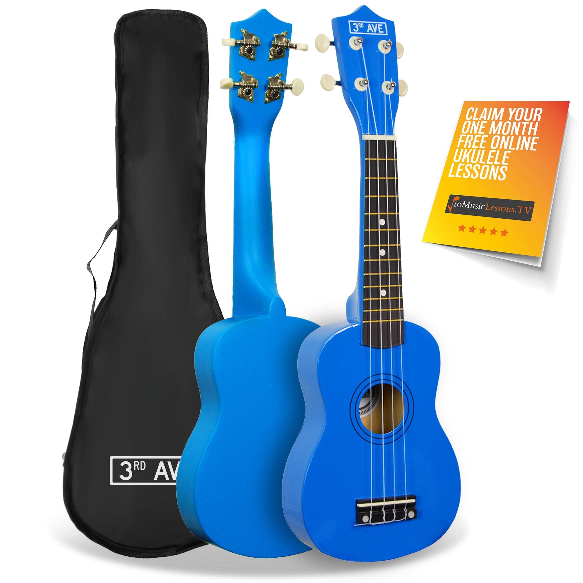 3rd Avenue Soprano Ukulele - Blue - Beginner Friendly - Geared Tuning - Includes Carry Bag