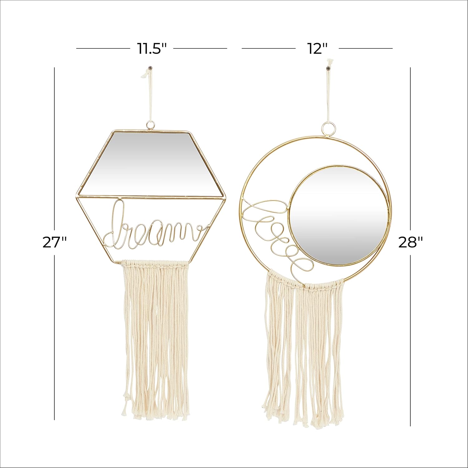 Gold Geometric Wall Mirrors with Fringe Tassels, Set of 2