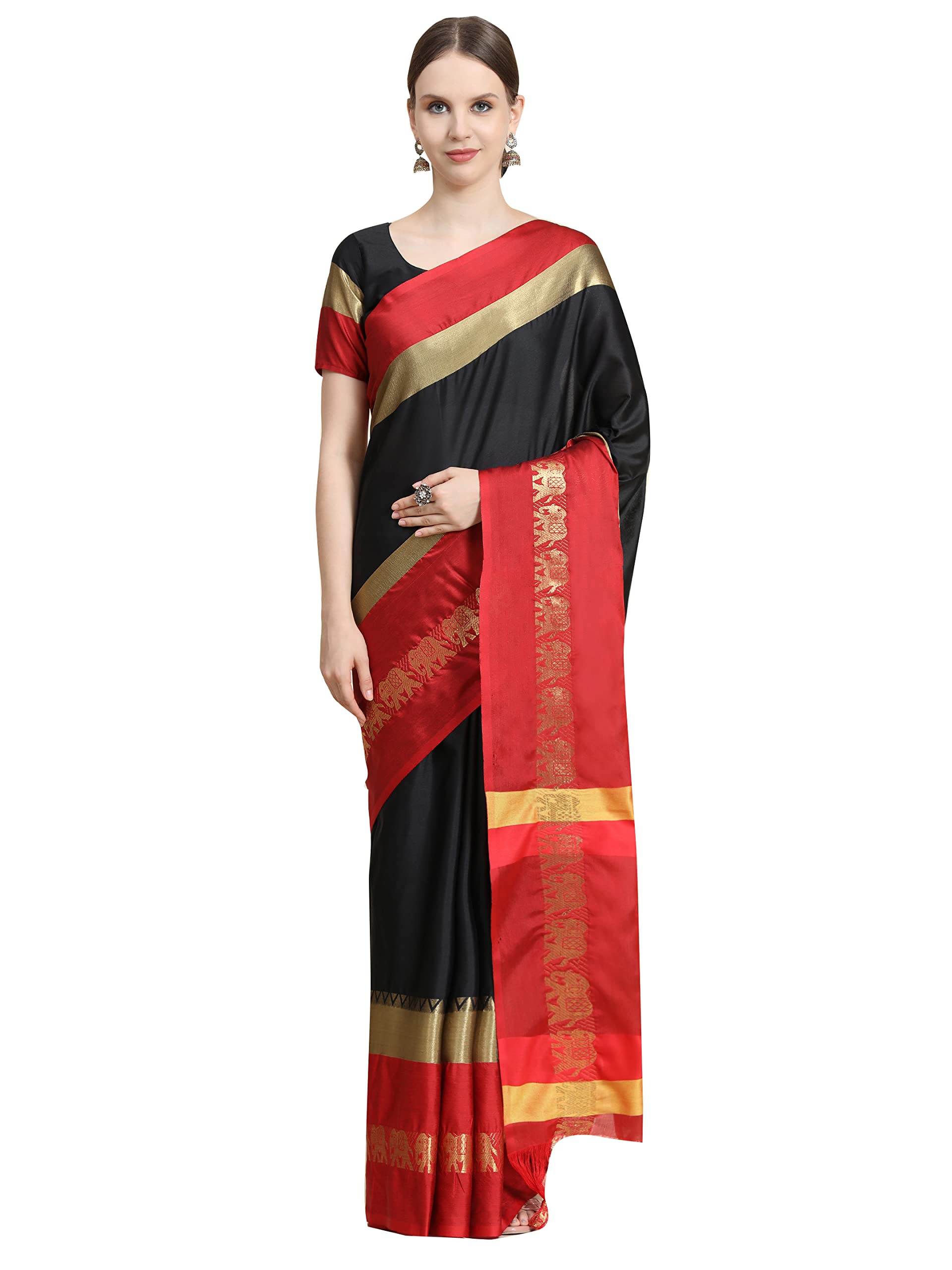 Avantika FashionWoven Solid Embellished Banarasi Cotton Silk, Art Silk Saree With Blouse Piece, Black Red, Free Size