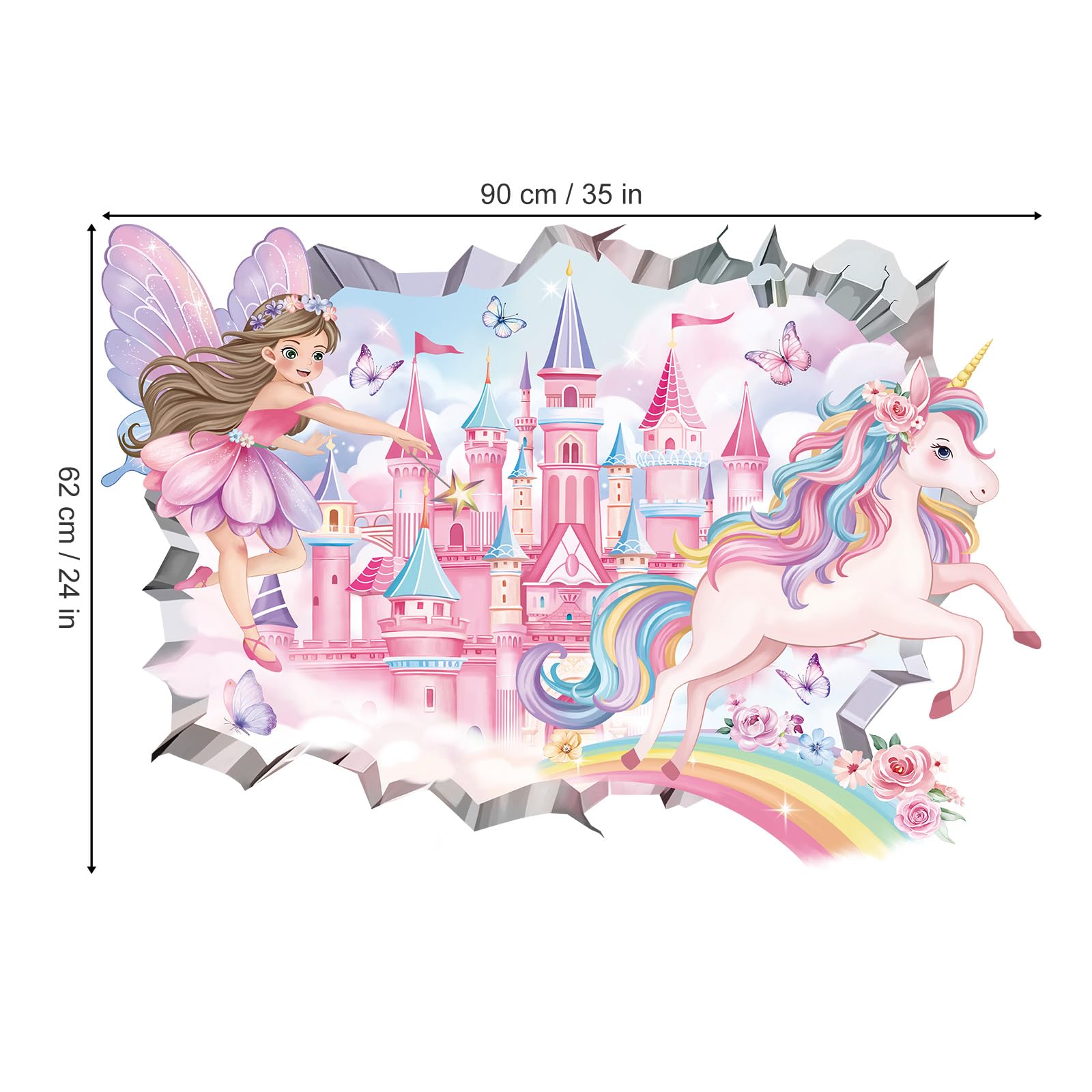 decalmile 3D Fairy Castle Wall Decals Unicorn Crack Hole Rainbow Wall Stickers Girls Bedroom Baby Nursery Kids Room Home Decor - Image 4